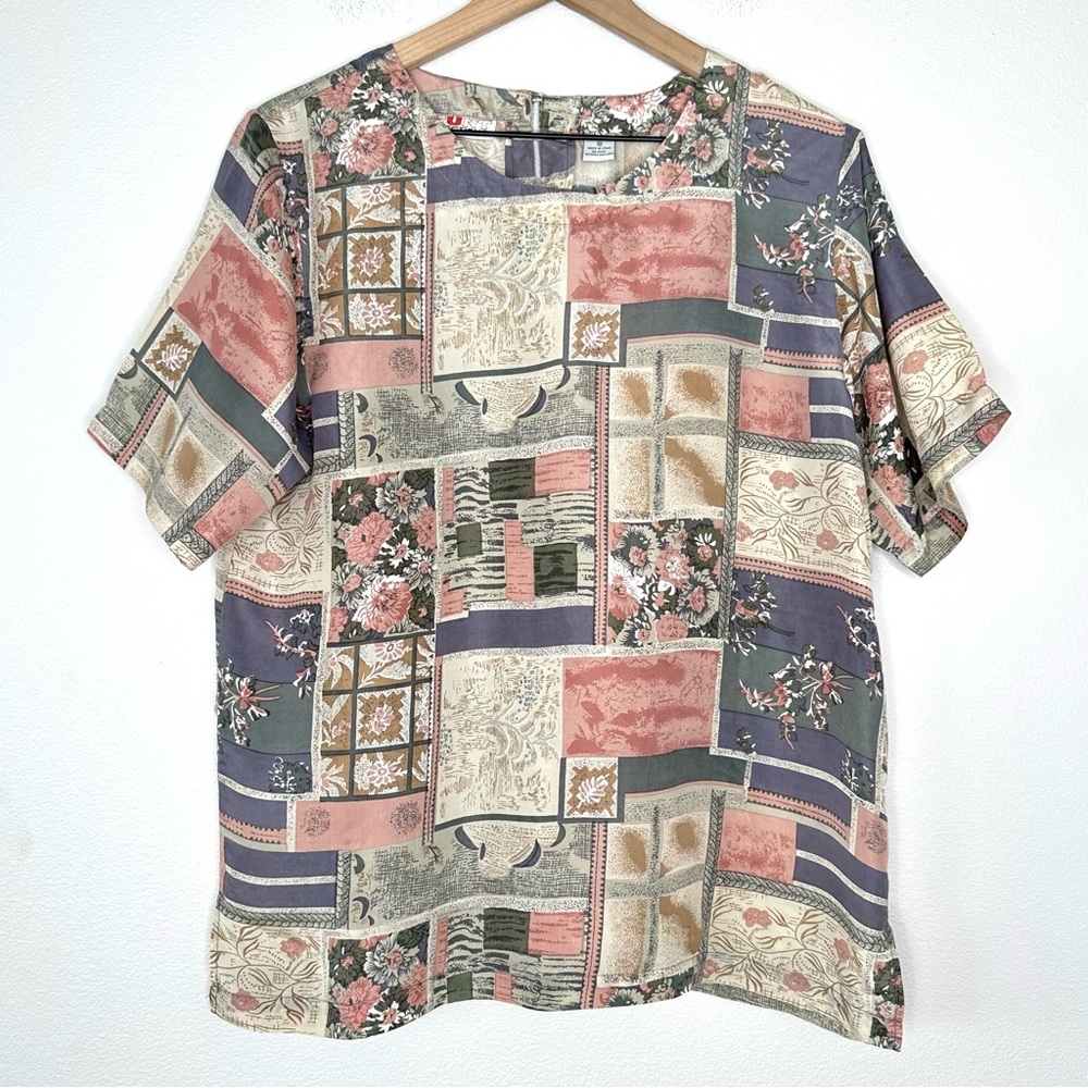 Vintage 100% Silk Top By Stunt Collections Sz M Cottagecore Abstract Patchwork